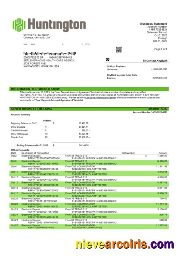 Huntington Bancshares corporate bank statement